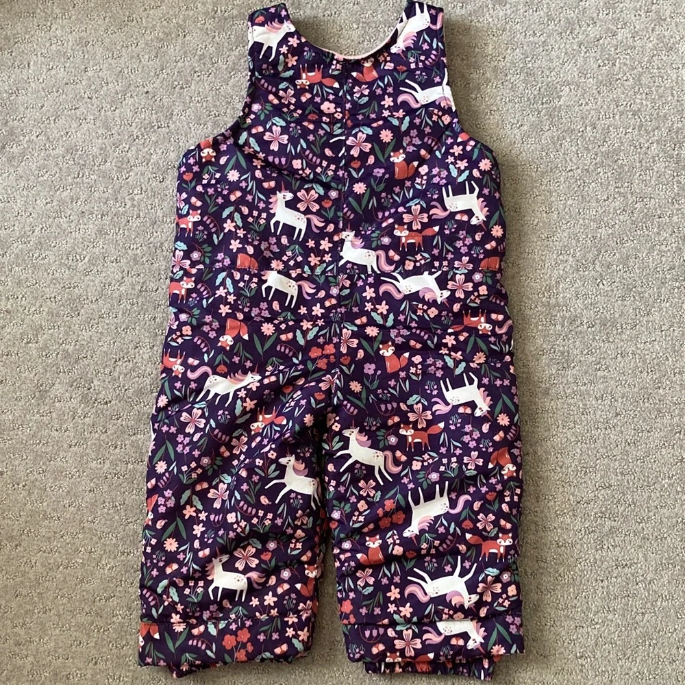 Children's Place purple unicorn snow bibs, 18-24M. - Picture 2 of 7